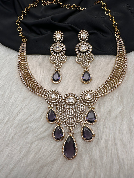 CZ Moissanite Color Stone Neckline Necklace - Purple