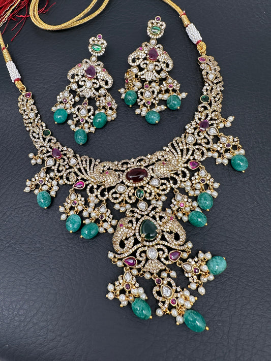 Polki Victorian green Beads Victorian Short Necklace