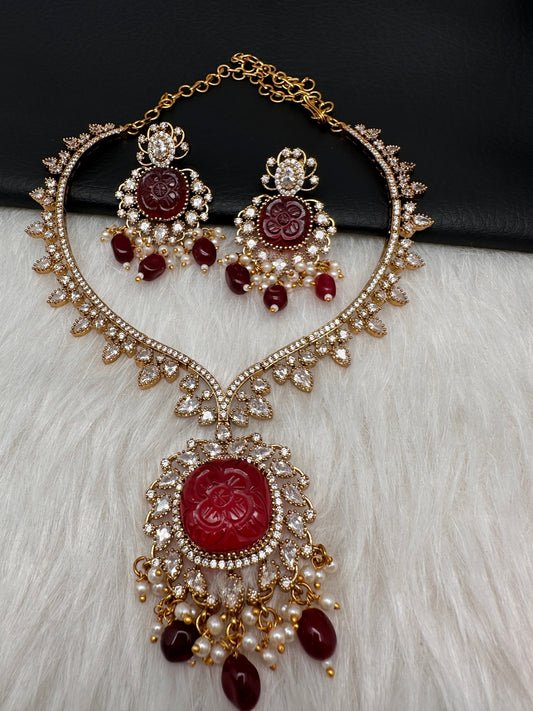 Red Carved Stone AD Mehendi Finish Short Necklace