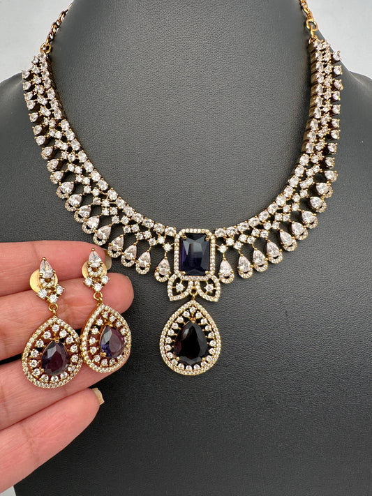 Doublet Mehendi Finish Neckline Color Stone Necklace - Purple