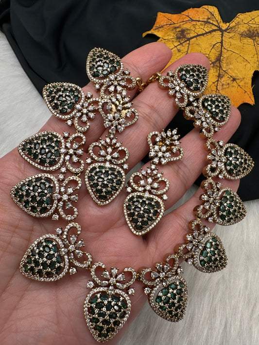 CZ Victorian Color Stone Nano Setting Neckline Necklace - Green