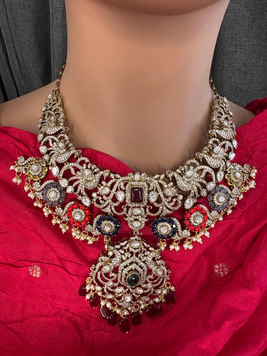 Moissanite  Victorian Color Stone Statement Neckline Necklace - Multi