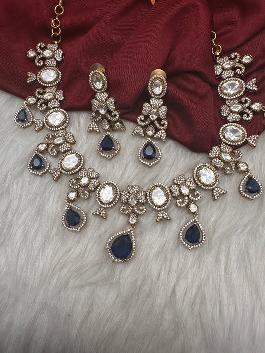 Moissanite  Victorian Color Stone CZ Neckline Necklace - Blue