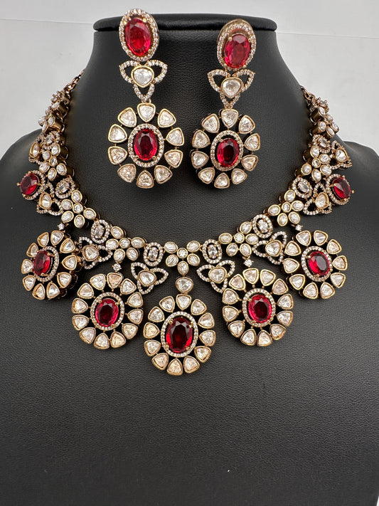 Moissanite Doublet Victorian Color Stone CZ Neckline Necklace - Red