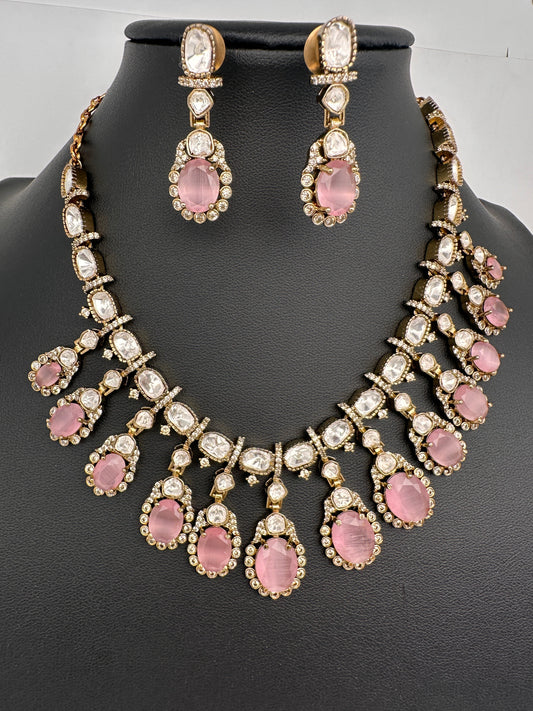 Moissanite Doublet Victorian Color Stone CZ Neckline Necklace - Pink