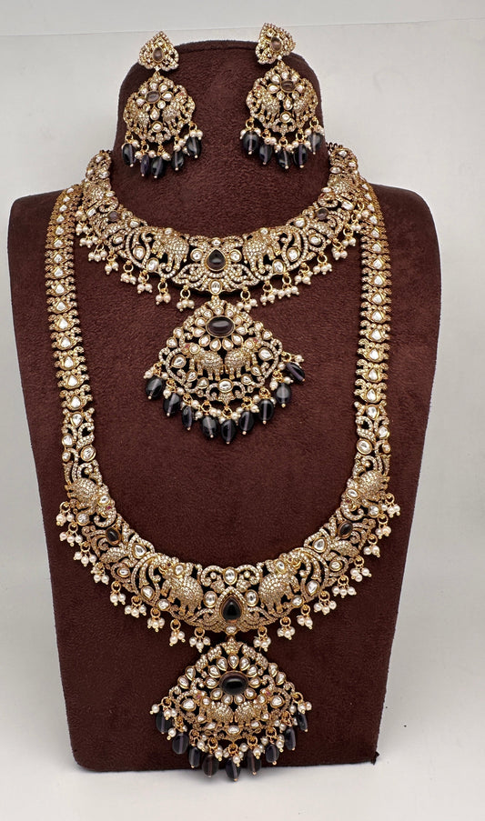 Kundan Amethyst Elephant Pattern Combo Statement Victorian Long Short Necklace