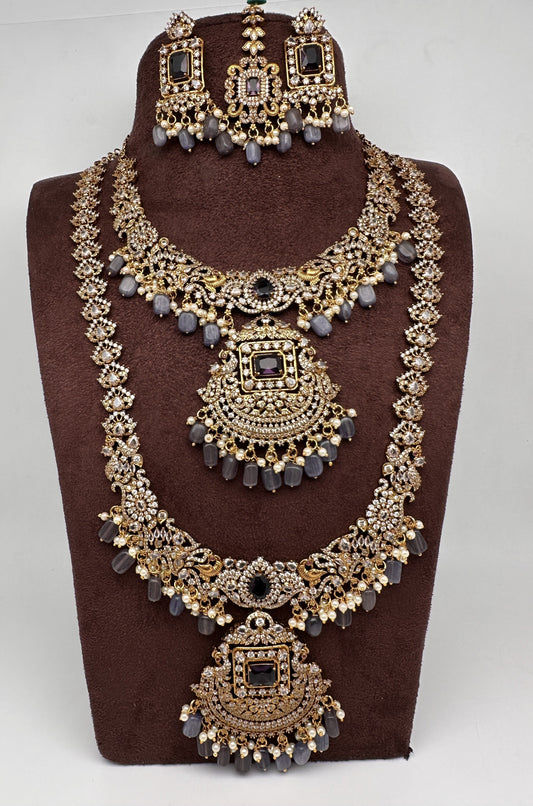 CZ Amethyst Purple Combo Statement Victorian Long Short Necklace