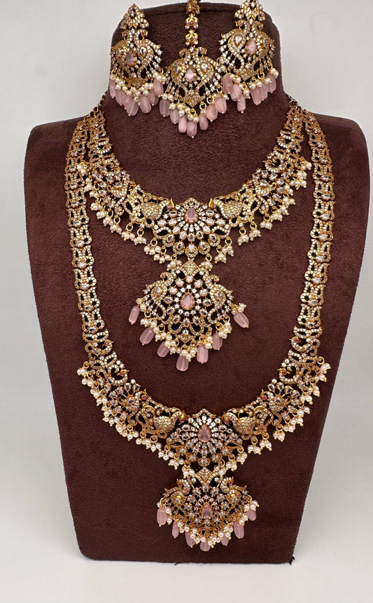 CZ Pink Combo Statement Victorian Long Short Necklace