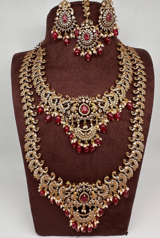 CZ Red Peacock Pattern Combo Statement Victorian Long Short Necklace