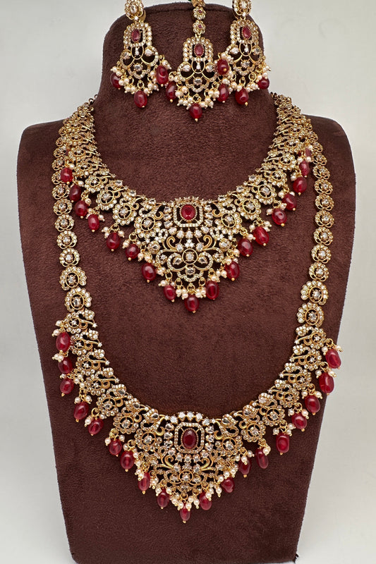 CZ Red Combo Statement Victorian Long Short Necklace