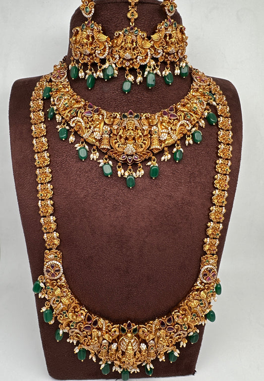 Matte Goddess Lakshmi Nakshi CZ Combo Long Short Necklace