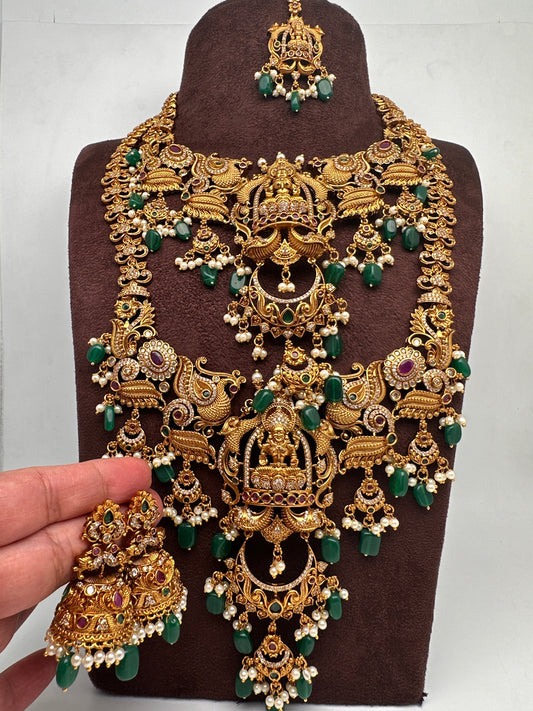 Matte Goddess Lakshmi Nakshi CZ Combo Long Short Necklace