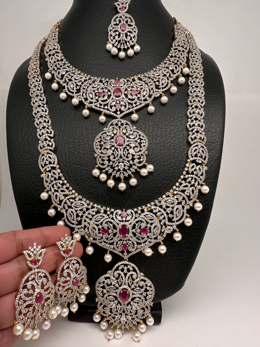 AD Ruby Red Stone Long Short Combo Necklace