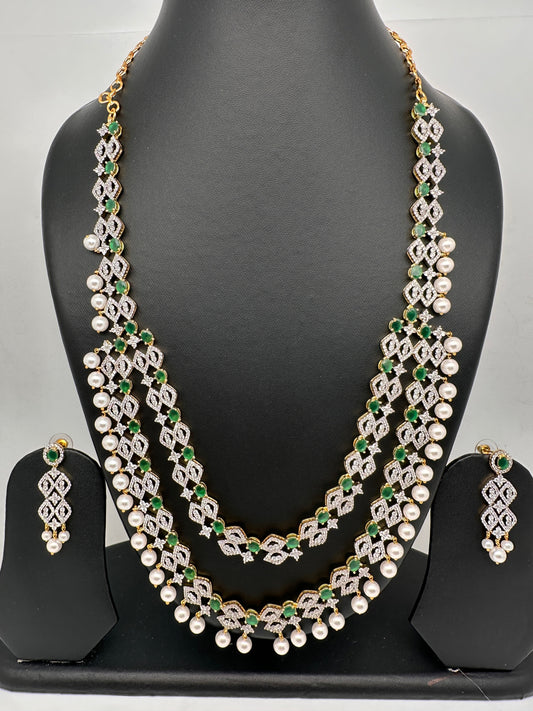 AD Color Stone Double Layer Do Lada Long Necklace - Green