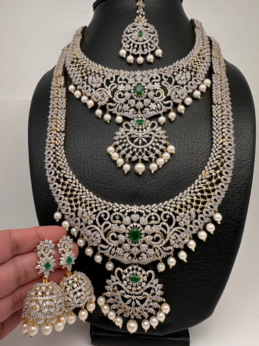AD Emerald Diamond Finish Ganga Jamuna Polish Peacock Long Short Necklace Combo Set