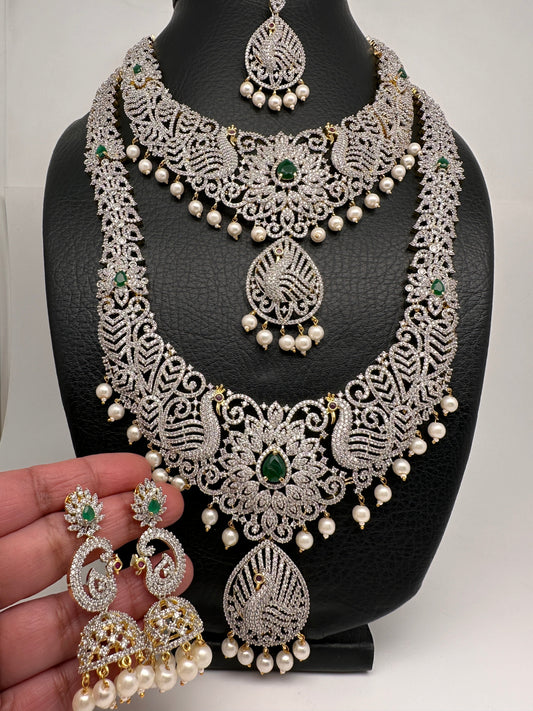 AD Diamond Finish Ganga Jamuna Polish Floral Green Peacock Long Short Stiff Necklace Combo Set