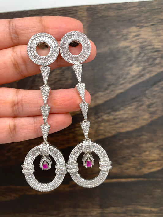 AD Long Earrings with Pink Stone in Silver Polish