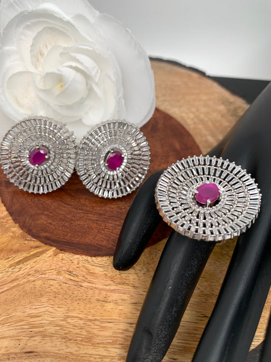 AD Pink Stone Earrings with Ring in Silver Polish