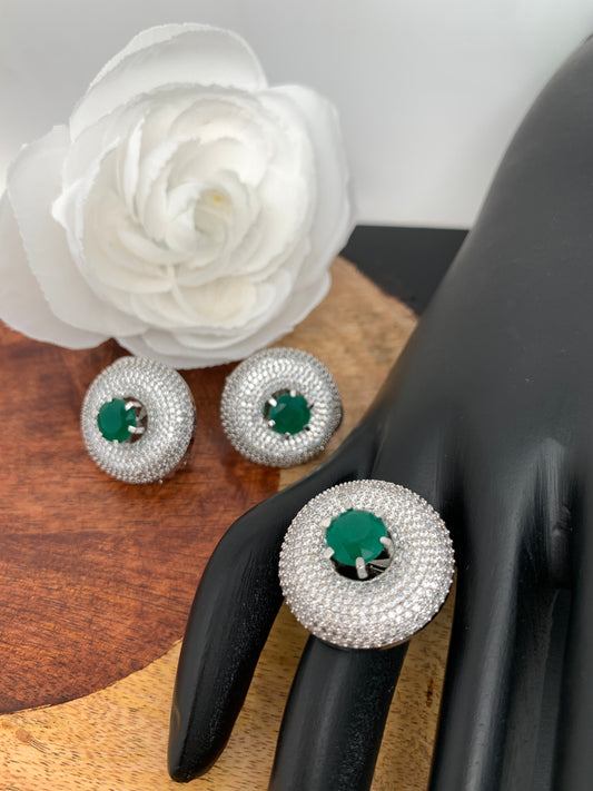 AD Green Stone Earrings with Ring in Silver Polish