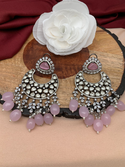 Pink Stone AD Kundan Victorian Polish Chandbali Earrings