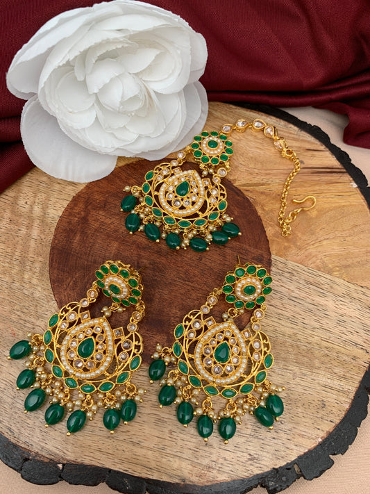 Green Stone Polki Green Beads Earrings with Maang Teeka