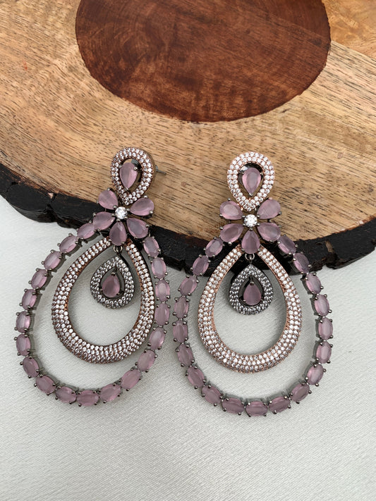 American Diamond Pink Stone Oval Triple Layer Dual Tone Earrings