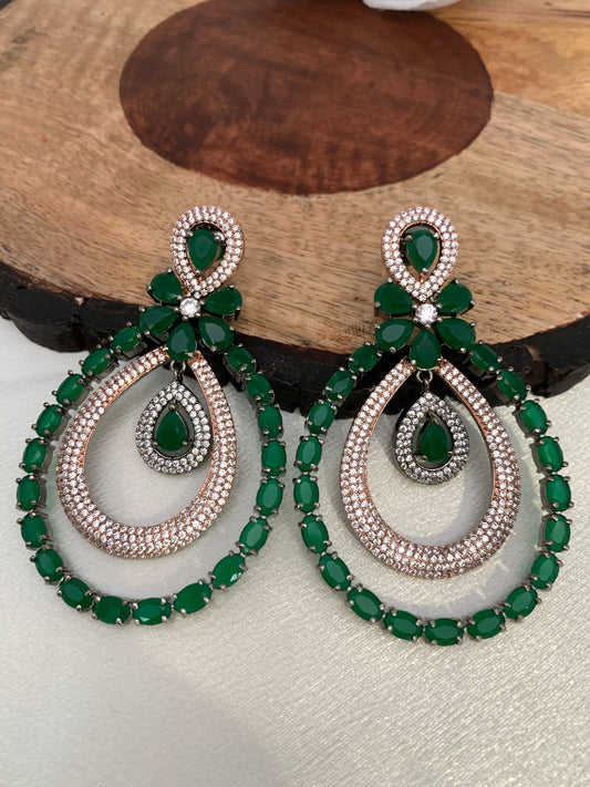 American Diamond Green Stone Oval Triple Layer Dual Tone Earrings