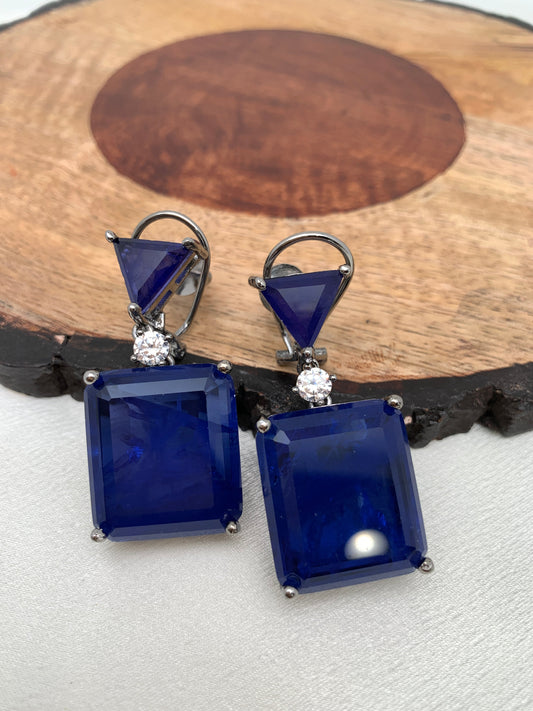 Blue Square Doublet Stone AD Earrings