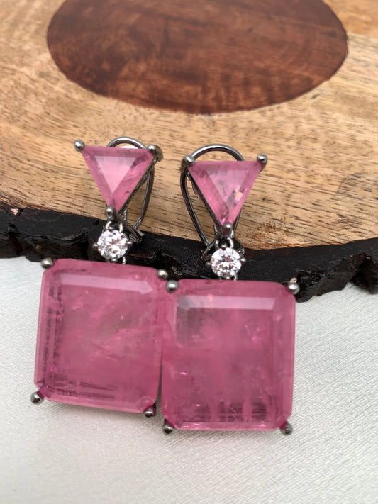 Pink Square Doublet Stone AD Earrings