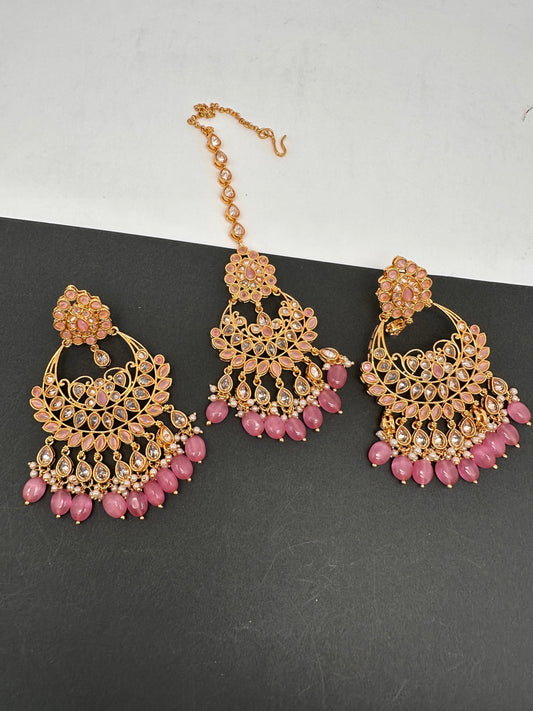 Pink Stone Polki Pearls Chandbali Earrings with Maang Teeka