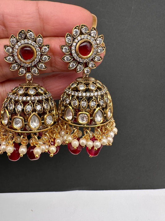 AD Color Stone Pearls Victorian Jhumki Earings - Red