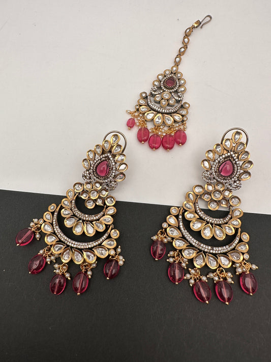 Kundan Color Stone Color Beads Victorian Finish Earrings with Maang Teeka - Red