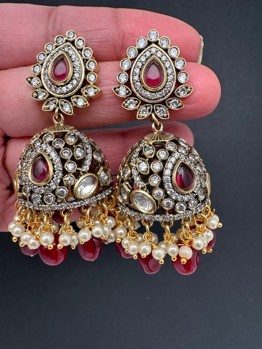 AD Color Stone Jhumki Earings - Red