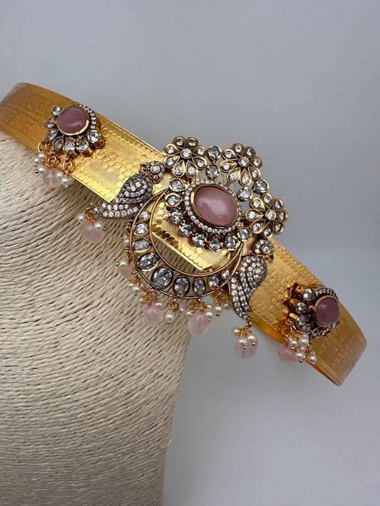 AD Pink Stone Peacock Motif Hip Belt Vaddanam