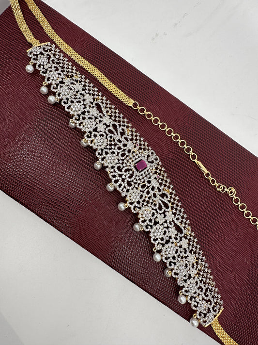 AD Color Stone Hip Chain Vaddanam - Red