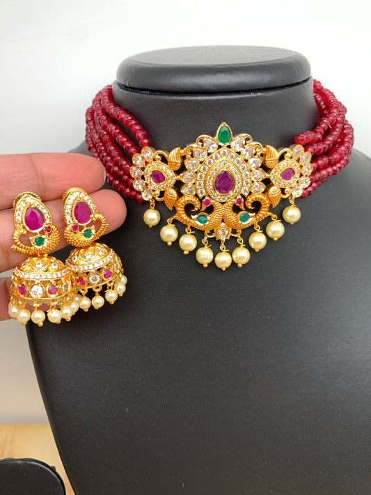 Red Beads Peacock Design Red Green Stone American Diamond Finish Choker