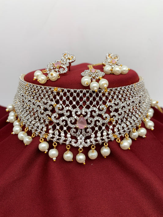Pink Stone AD Finish Stiff Choker with Matching Maangteeka and Earrings