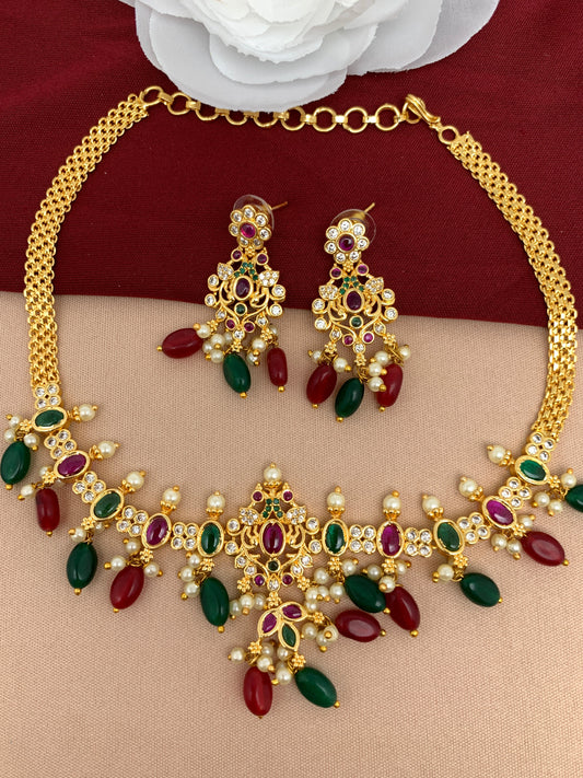 Red Green Stone CZ Red Green Beads Choker