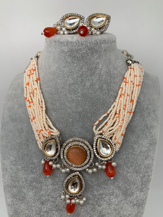 Light Orange Carved Stone and Kundan with Orange Monalisa Sugar Beads Choker