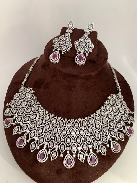 American Diamond Ruby Pink Stone Silver Finish Choker