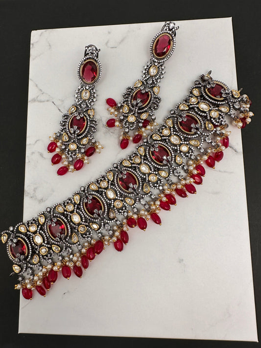 Moissanite Kundan Victorian Finish Color Stone Color beads Choker - Red