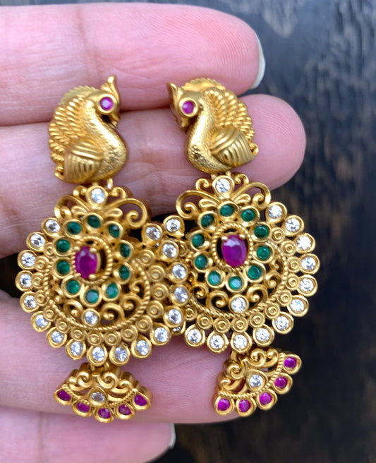 Traditional Matte Finish Golden Peacock Earrings