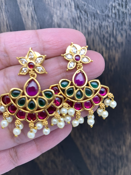 Traditional Golden Red Green Stone CZ and Pearls Earrings