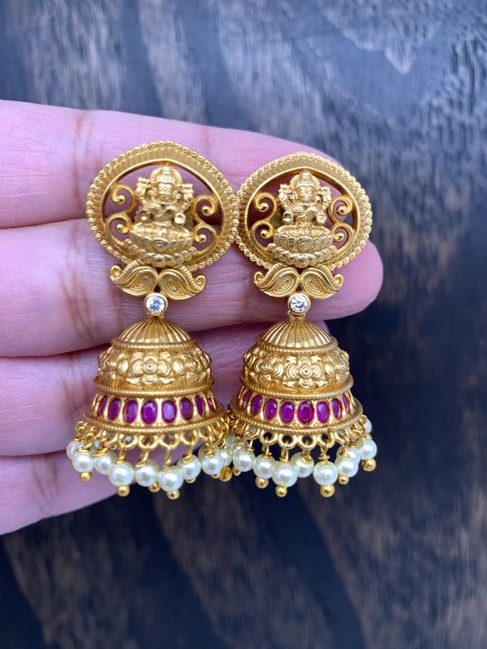 Traditional Golden Jhumki with Red Green Stone CZ Pearls