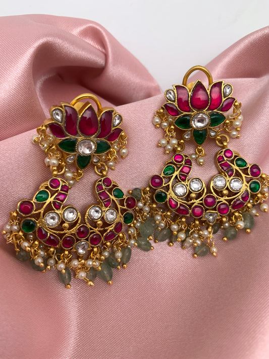Red Jadau Kundan Emerald Beads Lotus Design Chandbali Earrings