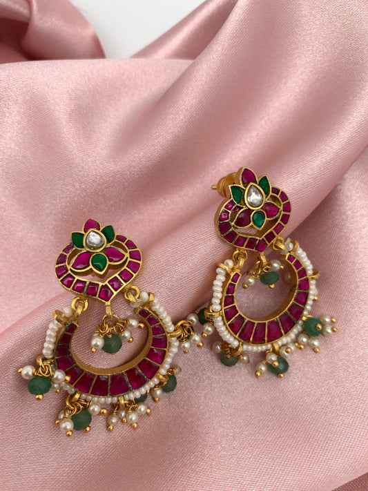 Red Jadau Kundan Emerald Beads Chandbali Earrings