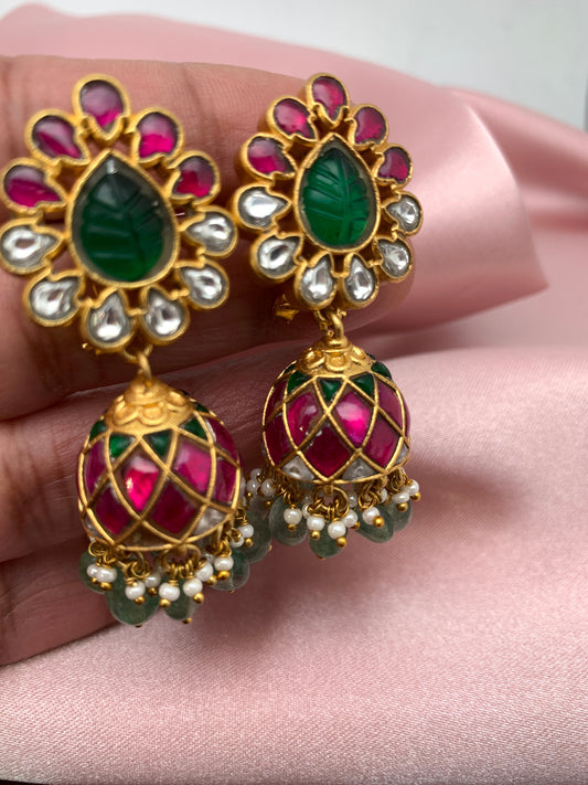 Red Green Jadau Kundan Emerald Beads Jhumki
