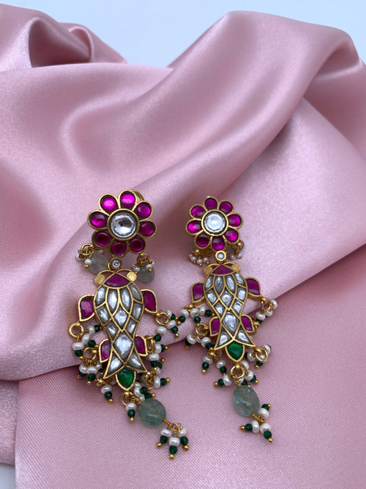 Red Green Jadau Kundan Emerald Beads Long Earrings