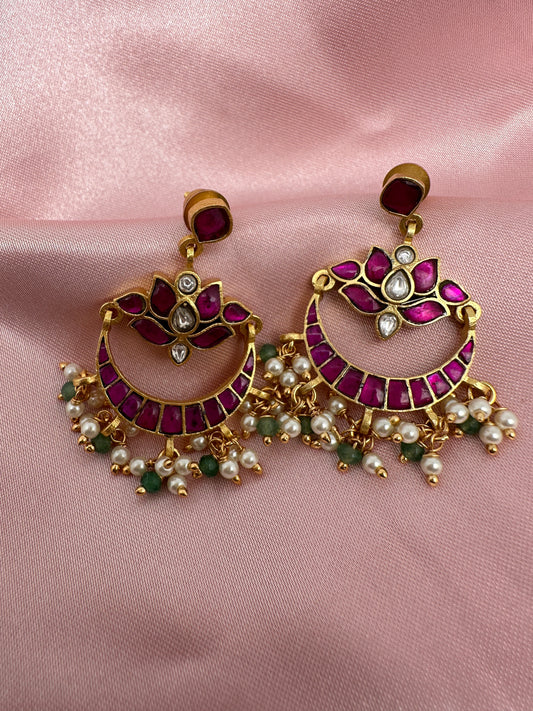 Red Jadau Kundan Lotus Design Earrings
