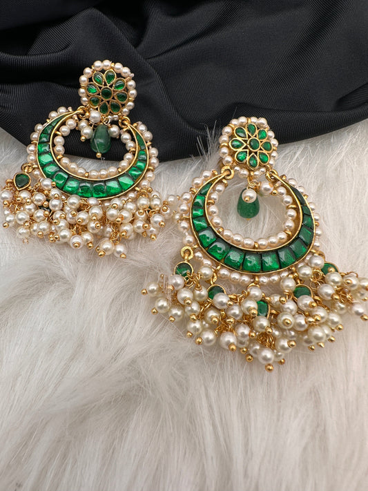 Green Jadau Kundan Pearls Chandballi Earrings